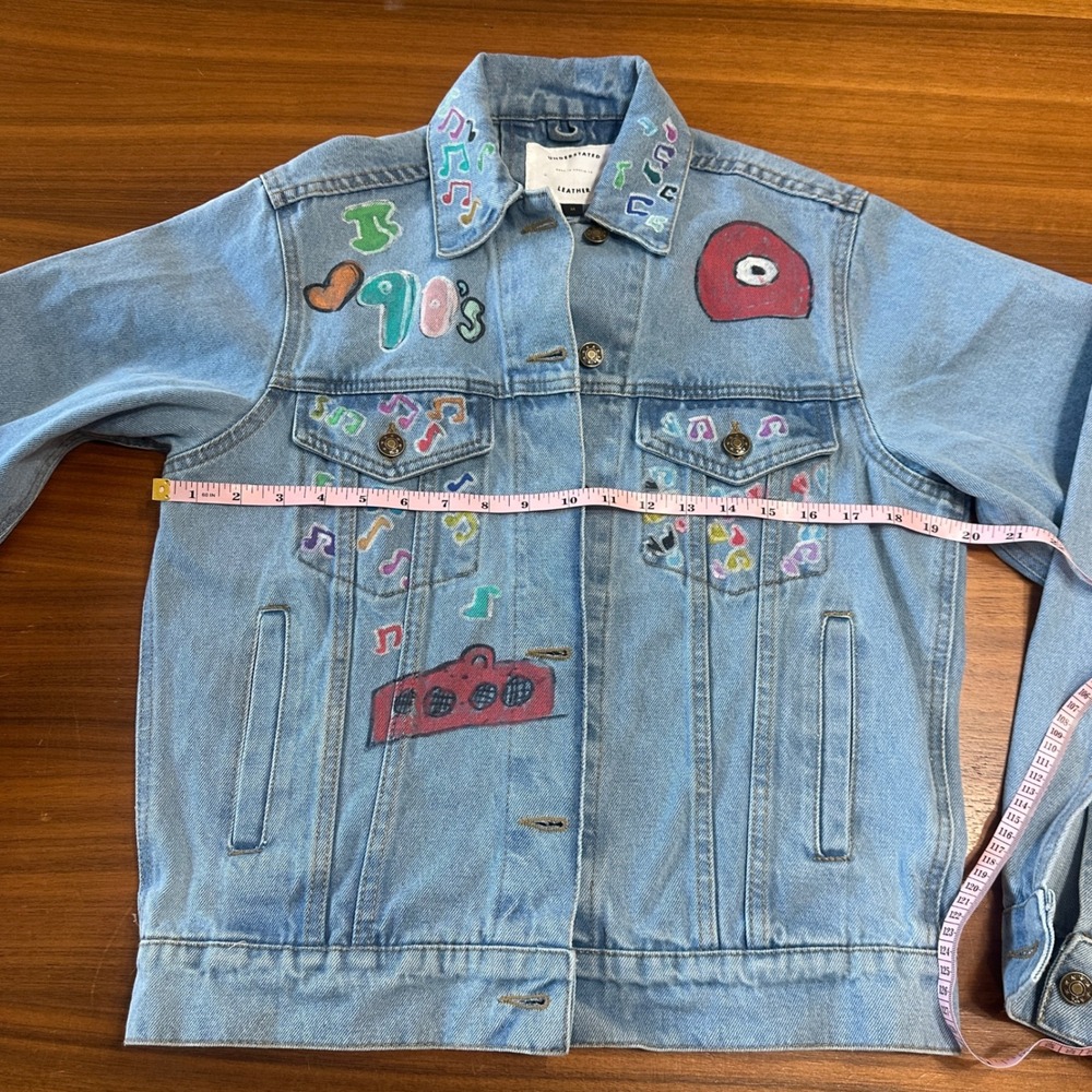 Understated Leather Denim Jacket Cotton Womens Med Blue 90s Hand Painted Custom - Picture 4 of 8